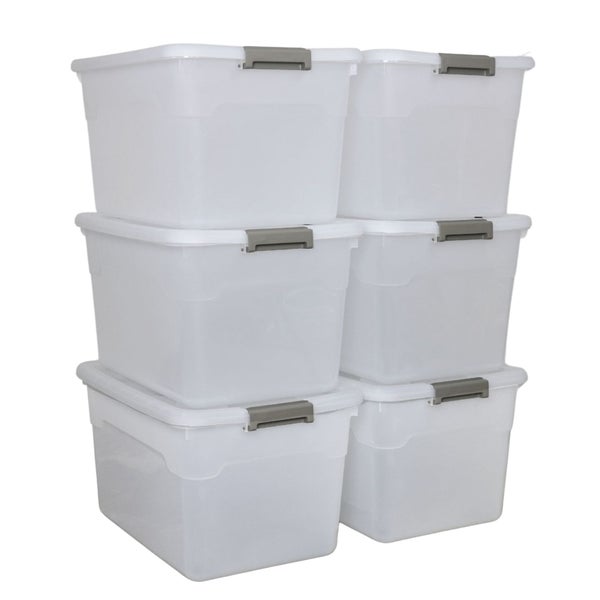 Stapel mit sechs transparenten Aufbewahrungsboxen mit Deckel