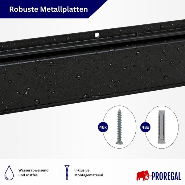 Robuste Metallplatte, wasserabweisend und rostfrei, inklusive 48 Schrauben und 48 Dübeln, Proregal Logo