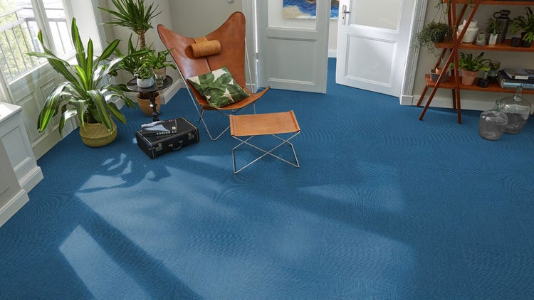 Wohnraum mit blauen Teppichfliesen, Leder-Sessel, Zimmerpflanzen und weißer Tür. Hell und strukturiert gestaltet.