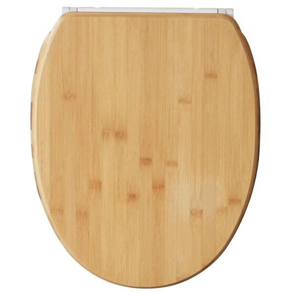 Toilettensitz aus Bambus mit Holzoptik und Befestigungsscharnier in geschlossener Ansicht von oben