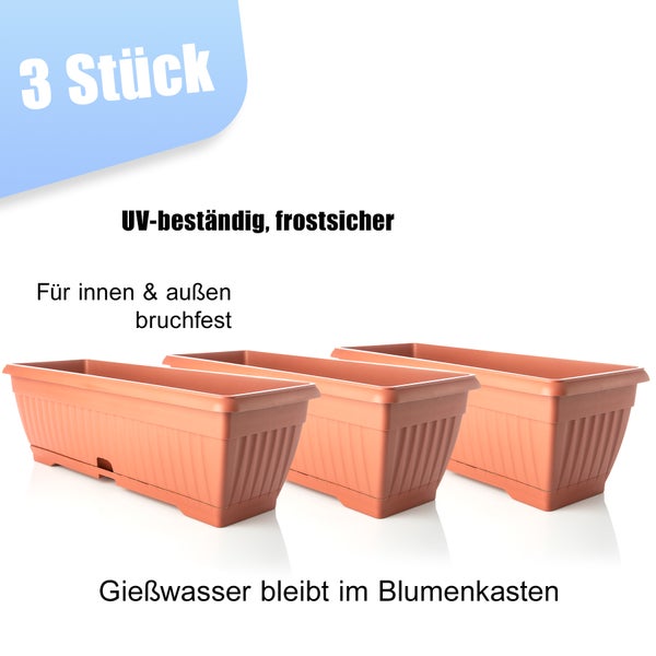 BigDean 3x Blumenkasten mit abnehmbarem Untersetzer - Terracotta 50 cm lang aus bruchsicherem Kunststoff - Balkonkasten Pflanzkasten mit Wasserspeicher für Innen- & Außenbereich geeignet - Made in Europe