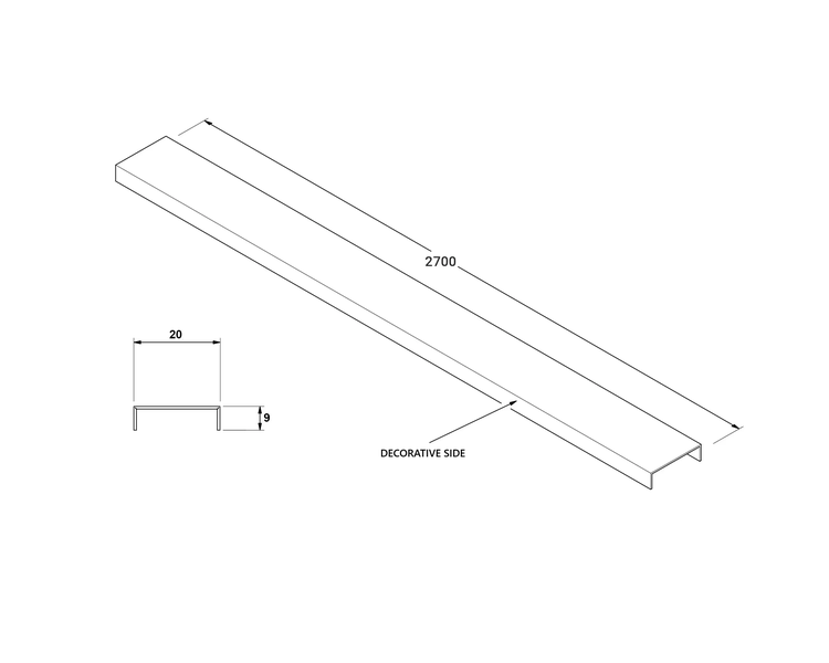 Technische Zeichnung eines Profils mit den Maßen 20 mm Breite, 9 mm Höhe und 2700 mm Länge
