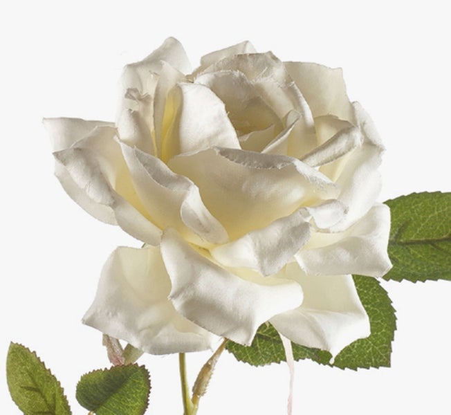 Künstlicher Rosenzweig mit einer weißen Blüte und grünen Blättern.