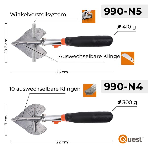 Quest Winkelschneider Modelle 990-N5 und 990-N4 mit Angaben zu Gewicht, Klingen und Abmessungen