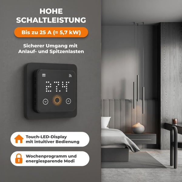 Digitales Wandthermostat mit Touch-LED-Display in modernem Schlafzimmer. Leistung bis 25 Ampere (circa 5,7 Kilowatt), Wochenprogramm und Sparmodi.