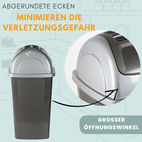 Abfalleimer mit Schwingdeckel, abgerundeten Ecken zur Minimierung der Verletzungsgefahr und großem Öffnungswinkel.