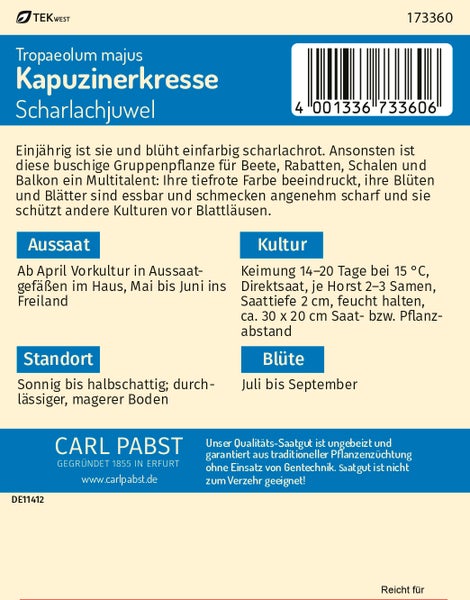 Rückseite der Samentüte für Kapuzinerkresse Scharlachjuwel mit Informationen zu Aussaat, Kultur, Standort und Blütezeit sowie Carl Pabst Logo.
