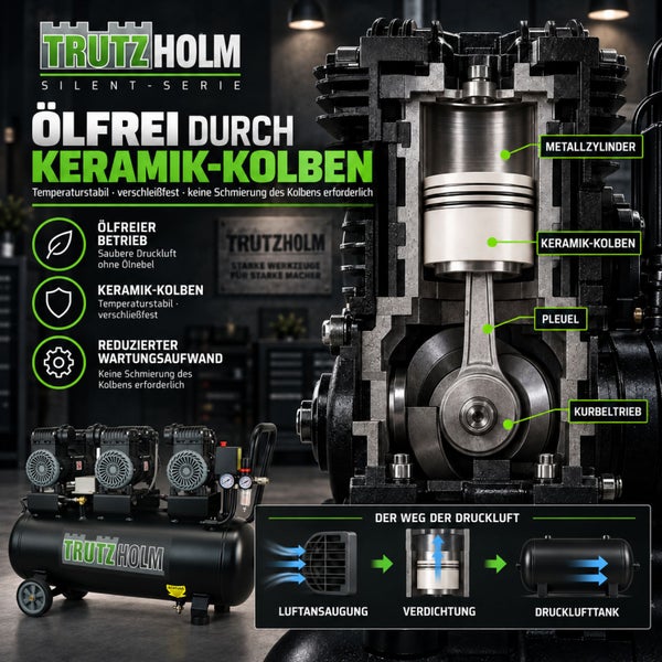 Trutzholm Kompressor Silent Serie mit ölfreiem Keramik-Kolben im Schnittmodell mit technischer Darstellung der Funktionsweise und Luftführung.