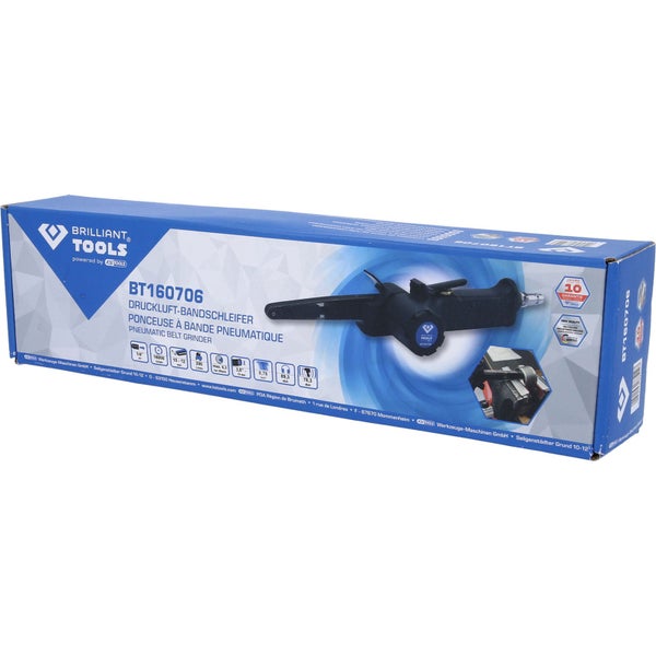 Verpackung eines Druckluftbandschleifers der Marke Brilliant Tools