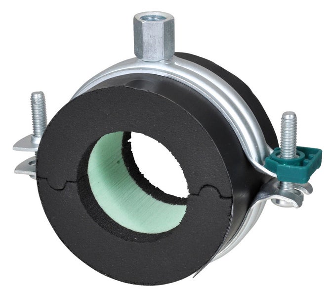 Rohrschelle mit schwarzer und grüner Isolierung, Metallbügel und Gewindeanschluss.