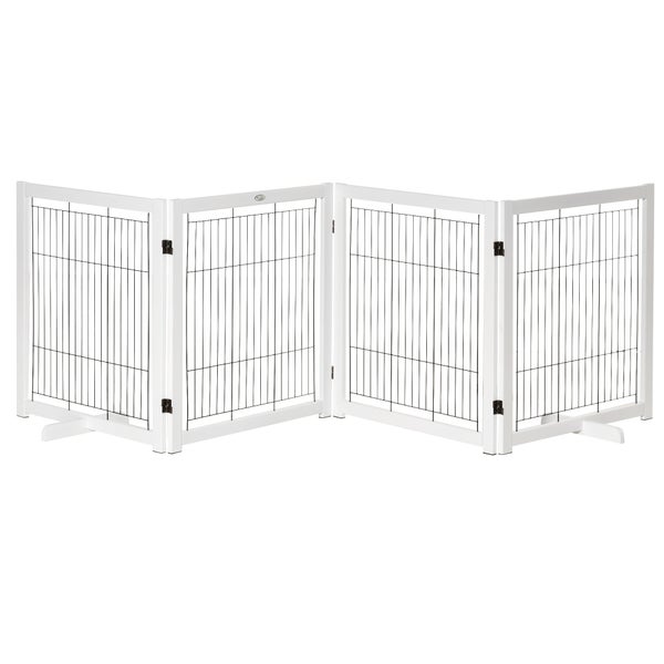 PawHut Türschutzgitter Holz Absperrgitter für Hunde Schutzgitter Hundegitter Sicherheitstür Bidirektionales Falten Stahl Weiß 305 x 35,5 x 82 cm