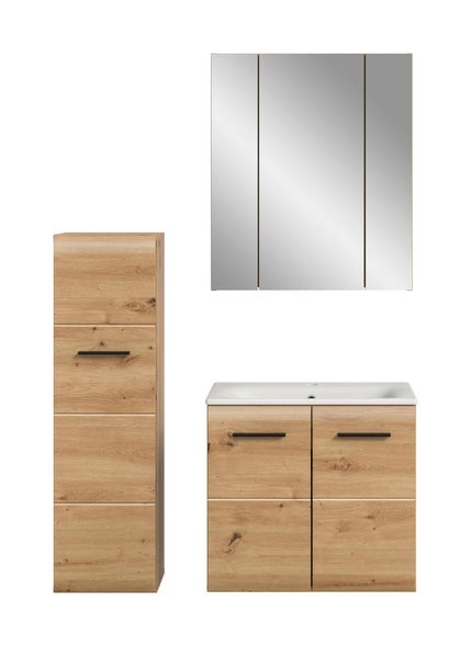 Badezimmermöbel-Set in Eichenoptik bestehend aus Hochschrank, Waschbeckenunterschrank mit Waschbecken und Spiegelschrank.
