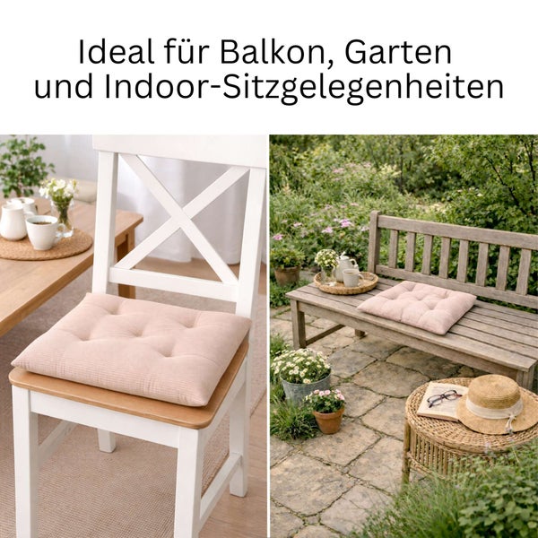 Gestepptes quadratisches Sitzkissen auf einem Holzstuhl und einer Gartenbank. Ideal für Balkon, Garten und Innenbereich.
