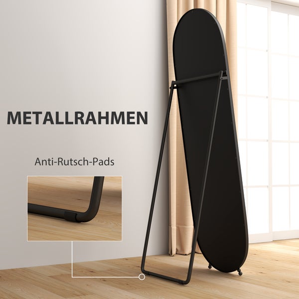 HOMCOM Ganzkörperspiegel, 160 x 40 cm Wandspiegel mit Ständer, Metallrahmen, Oval Standspiegel für Wohnzimmer, Schlafzimmer, Schwarz
