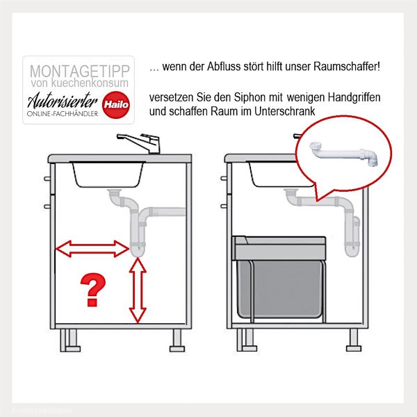 Montagehinweis zur Verwendung eines Raumsparsiphons im Spülenunterschrank zur Platzgewinnung für Abfallsysteme. Hailo Logo.