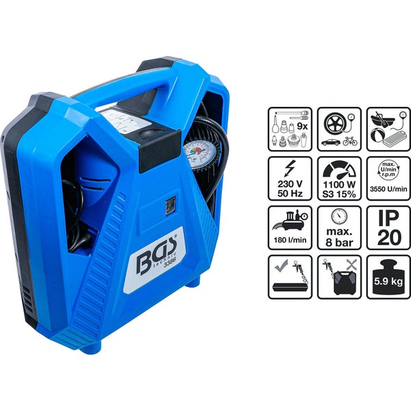 Mobiler blauer Koffer-Kompressor BGS technic 3386 mit Zubehör, 1100 Watt, maximal 8 bar Druck, 180 Liter pro Minute, Gewicht 5,9 Kilogramm.