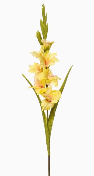 Künstliche Blume, gelbe Gladiole mit grünen Blättern und Stiel.