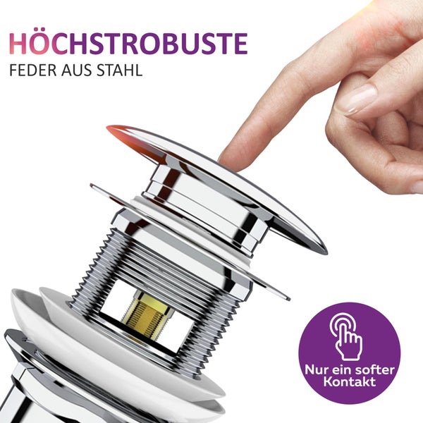 M. ROSENFELD HOME Pop Up Ventileinsätze mit Überlauf für Waschtisch - Waschbecken Ablaufgarnitur - Chrom Ablaufventil mit 4 Ersatzdichtungen aus Messing für Waschbecken Abflussgarnitur