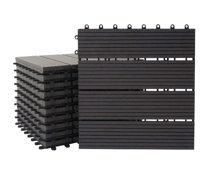 Terrassenfliese aus Holz-Kunststoff-Verbundwerkstoff mit Klicksystem, quadratisch, Lamellenstruktur.