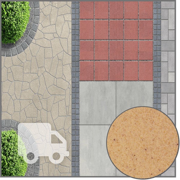Fugensand für verschiedene Pflastersteine und Terrassenplatten in einer Gartenlandschaft mit Detailansicht und Symbol für Lieferservice.