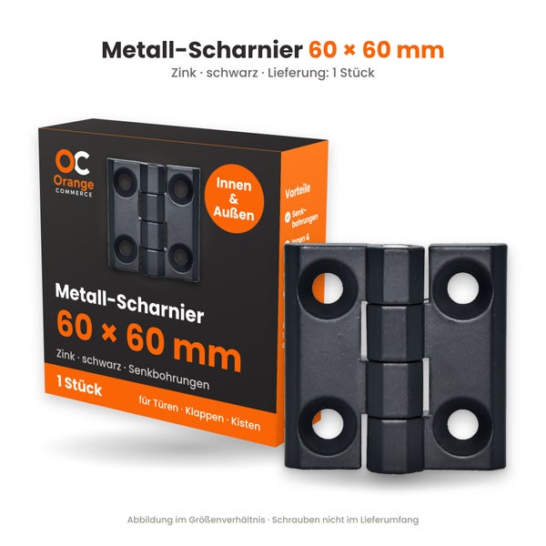 Metallscharnier 60 mal 60 Millimeter aus Zink mit Senkbohrungen inklusive Produktverpackung von Orange Commerce Logo