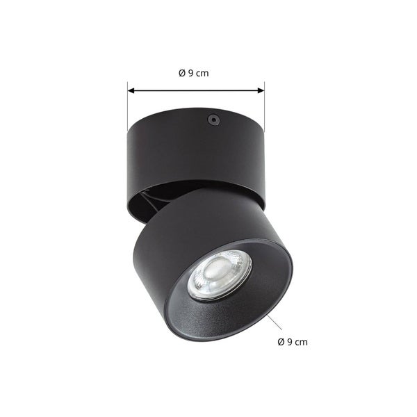 Schwarzer LED Deckenstrahler mit 9 Zentimeter Durchmesser zur Montage an Decke oder Wand.
