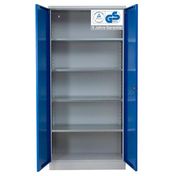 PROREGAL Stahlschrank Bee 4 Fachböden HxBxT 195 x 92 x 60 cm Pulverbeschichtetes & Verstärktes Fachbodenmaterial Grau & Blau