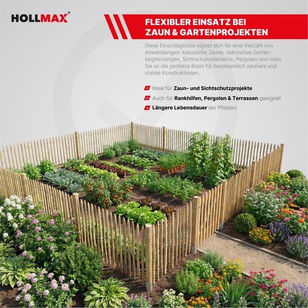 Ein gepflegter Gemüsegarten mit einem Holzstaketenzaun, der durch Einschlaghülsen befestigt ist. HOLLMAX Logo.