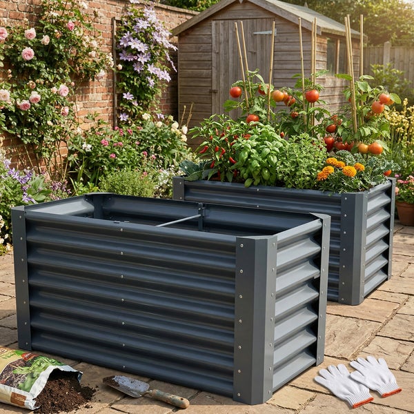 Zwei Hochbeete aus anthrazitfarbenem Wellblech in einem Garten, bepflanzt mit Salat, Radieschen, Kräutern und Tomaten an Rankstäben.