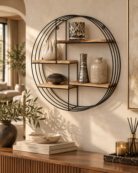 Rundes Wandregal mit Metallrahmen und Einlegeböden aus Holz dekoriert mit Vasen an einer Wand in einem Wohnraum.