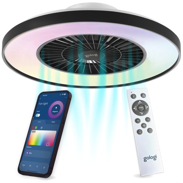 Gologi Deckenventilator mit Beleuchtung - Ø60 cm - LED RGBW - 6 Stufen - Schlafzimmer-Deckenleuchte - Deckenleuchte mit Ventilator - Mit Fernbedienung und App - Schwarz