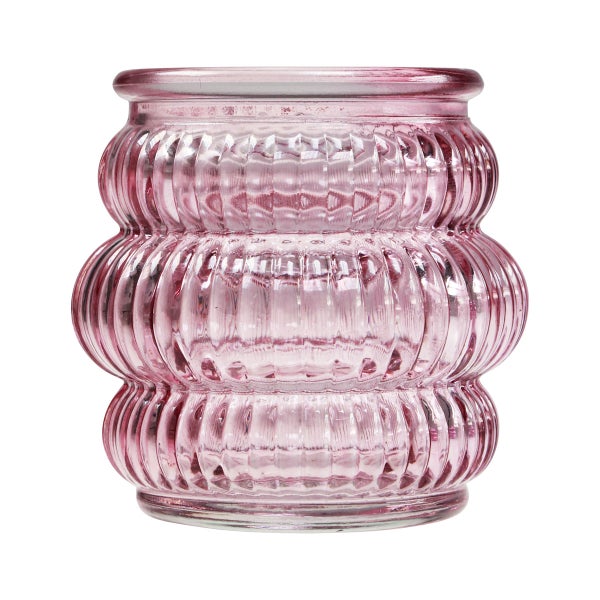Rosa Glas-Windlicht oder Vase mit gerippter Struktur und drei Wölbungen.