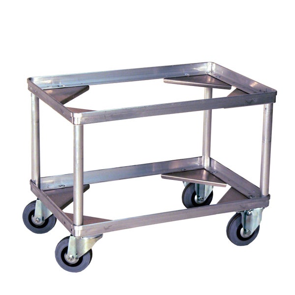 Transportwagen aus Metall mit zwei Ebenen und vier Lenkrollen.