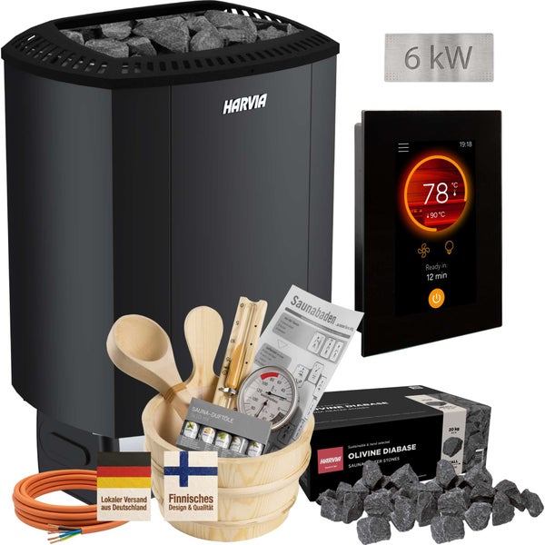 Harvia Saunaofen Set mit 6 Kilowatt Leistung, digitalem Steuergerät, Saunasteinen, Holzkübel, Kelle, Thermometer und Sauna Duftölen.