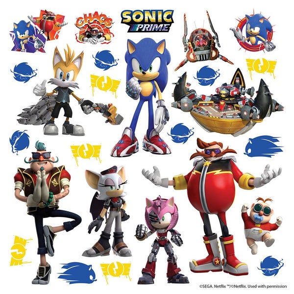 Wandtattoo Set mit Motiven der Serie Sonic Prime, verschiedene Charaktere und Symbole.