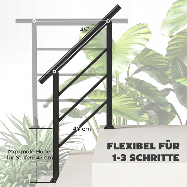 Metall-Treppengeländer für ein bis drei Stufen, 45 Grad neigbarer Handlauf, Pfostenabstand 40 Zentimeter, maximale Stufenhöhe 47 Zentimeter.