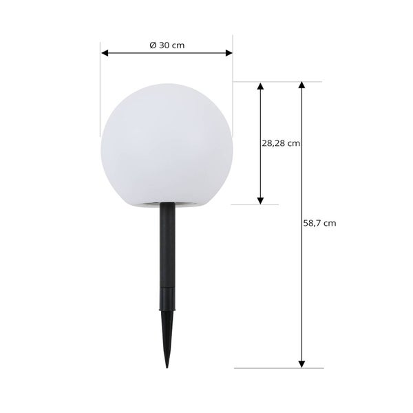 Kugelförmige Solarleuchte mit Erdspieß. Durchmesser 30 Zentimeter, Höhe der Kugel 28,28 Zentimeter, Gesamthöhe 58,7 Zentimeter.