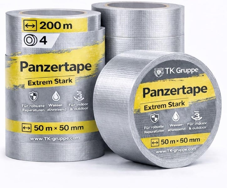 TK Gruppe Panzertape silbern extrem stark, Set mit 4 Rollen zu je 50 Meter mal 50 Millimeter, wasserabweisend für Innen und Außen.