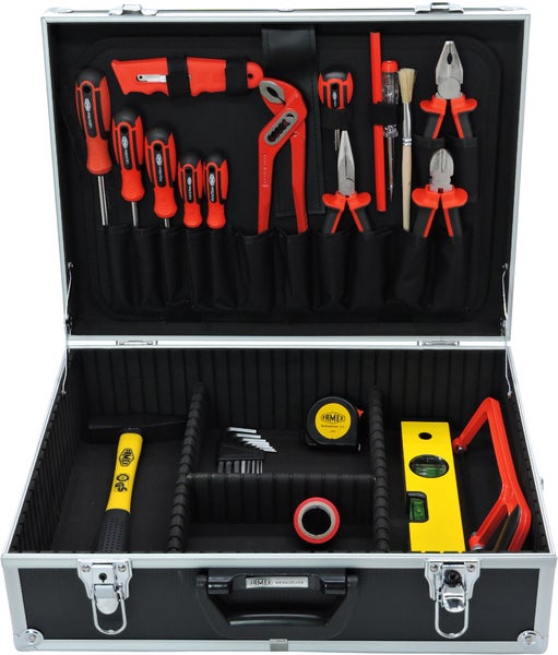 FAMEX 759-62 Universal Werkzeugkoffer mit hochwertigem Werkzeug-Set, für Heimwerker
