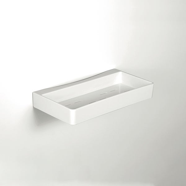 Weiße rechteckige Duschablage zur Wandmontage mit Ablaufschlitzen.