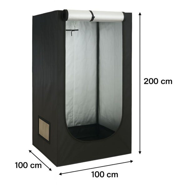 Growbox mit den Maßen 100 mal 100 mal 200 Zentimeter, schwarze Außenseite, silberne Innenbeschichtung und hochrollbare Tür.