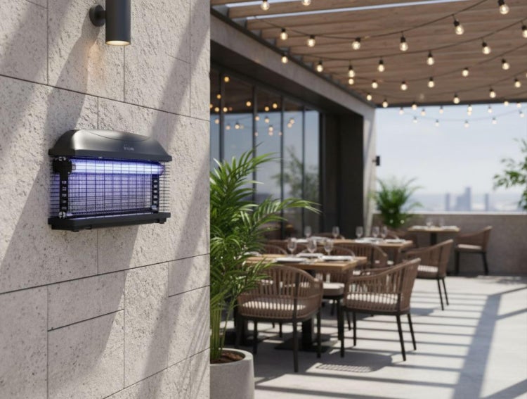 Elektrischer Insektenvernichter mit UV-Licht an einer Steinwand auf einer hellen, organisierten Terrasse mit Holztischen und Korbstühlen.