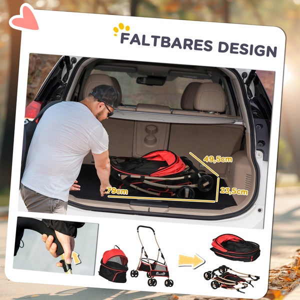PawHut Hundewagen, 2 in 1 Hundetrolley, Tragetasche, faltbarer Hundebuggy mit Kissen, Katzenwagen für kleine Hunde, Katzen, Katzenbuggy mit  4 Rädern, Netzfenster, Oxfordstoff, Rot