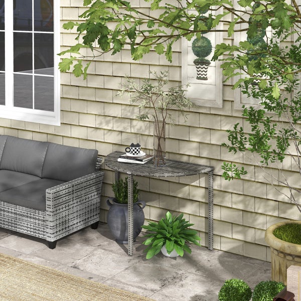 Outsunny Balkontisch Garten Beistelltisch Tisch Gartenmöbel halbrund Polyrattan Metall Grau 100 x 50 x 74 cm
