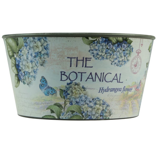 Pflanzschale aus Zink mit botanischem Hortensien-Motiv und Schmetterling.