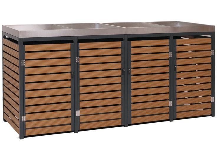 Mülltonnenbox für 4 Tonnen mit Holzlatten-Türen und Metalldach, geöffnete Türen mit Sicherungsketten.