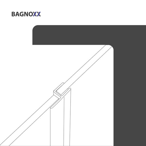 Schematische Zeichnung eines Bagnoxx Duschwandprofils zur Verbindung von Glaspaneelen. Bagnoxx Logo.
