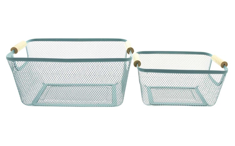 FRANK FLECHTWAREN | Füllkorb Smoke Blue, 2er Set, METALL, HOLZ, 33 x 21 x 15 cm, 26 x 17 x 11 cm