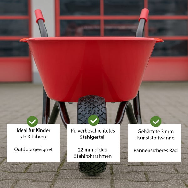 Rote Kinderschubkarre mit Stahlgestell und pannensicherem Rad