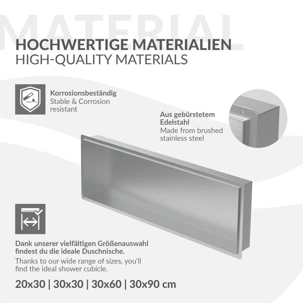 Duschunische aus gebürstetem Edelstahl, korrosionsbeständig, verschiedene Größen verfügbar wie 20x30, 30x30, 30x60 und 30x90 Zentimeter.